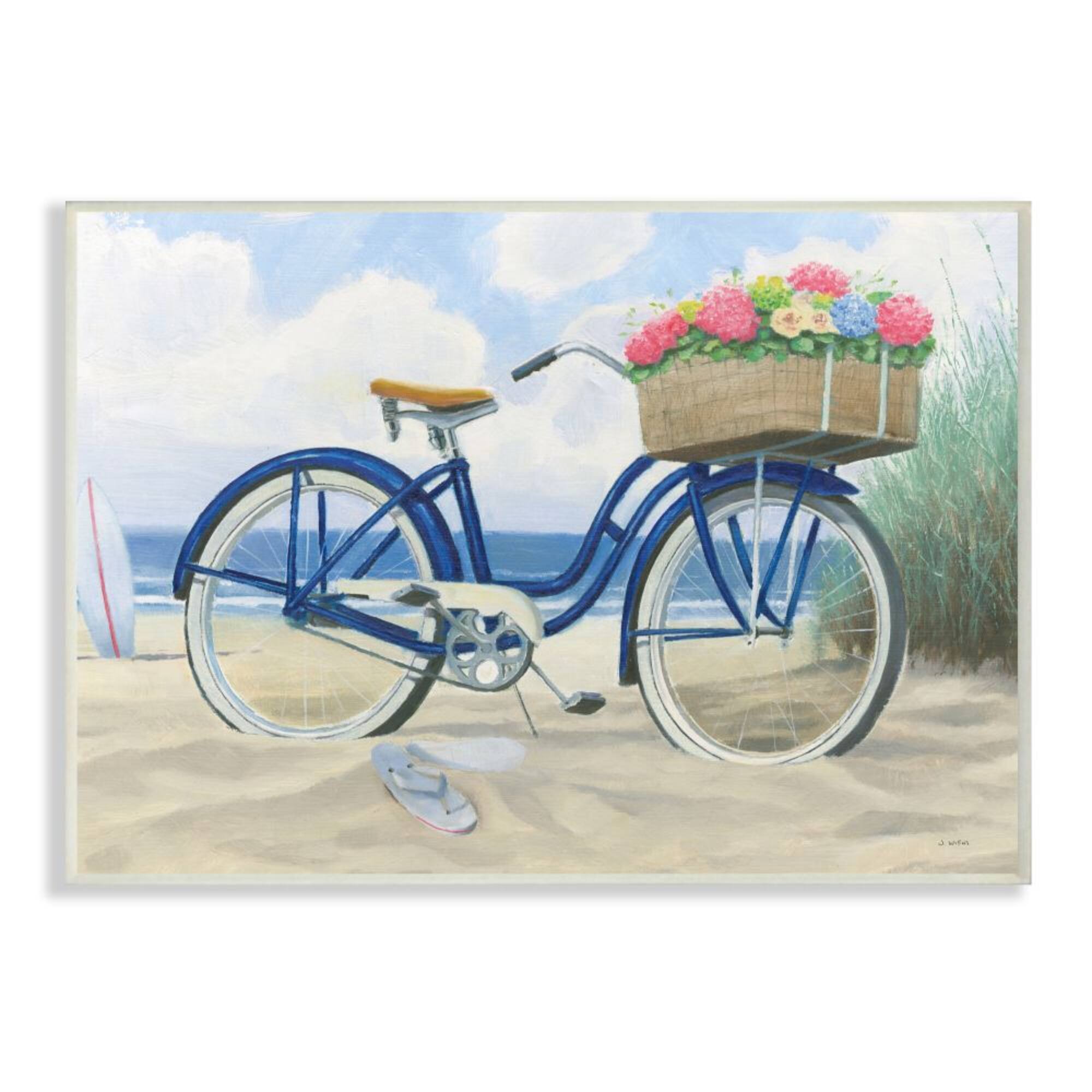 Stupell Industries Bike with Flower Basket Beach Blue Nautical Painting Wood Wall Plaque